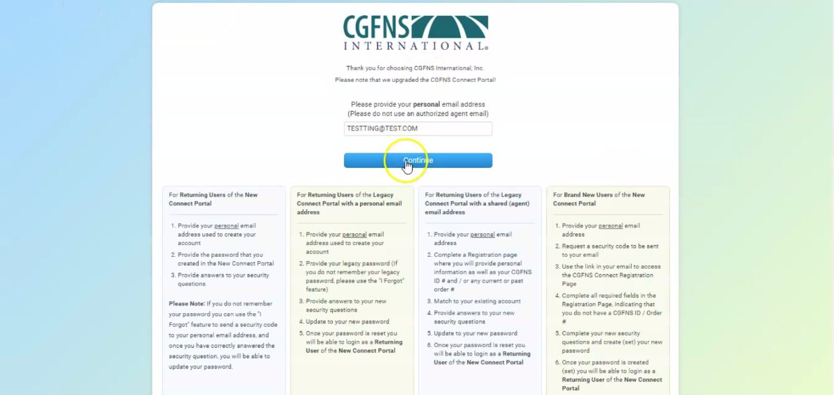 Tutorial CGFNS Connect Returning User Registration Guide CGFNS 