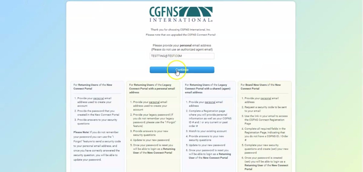 Tutorial CGFNS Connect Returning User Registration Guide CGFNS Tutorial CGFNS Connect Returning User Registration Guide CGFNS