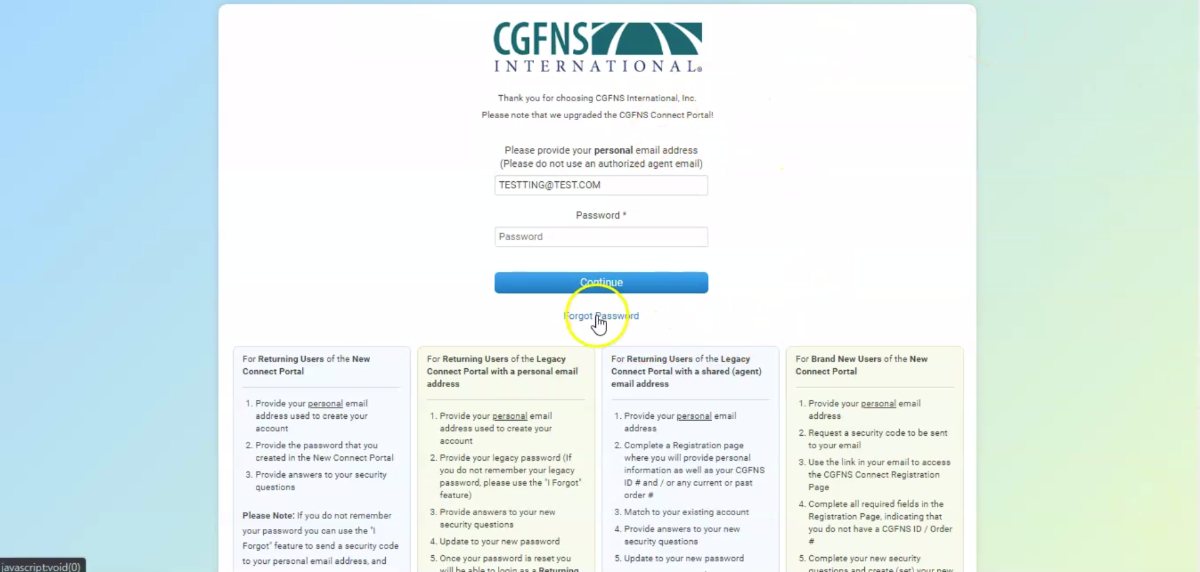 Tutorial CGFNS Connect Returning User Registration Guide CGFNS 