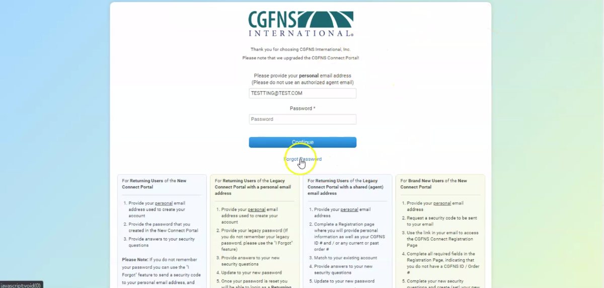 Tutorial CGFNS Connect Returning User Registration Guide CGFNS Tutorial CGFNS Connect Returning User Registration Guide CGFNS
